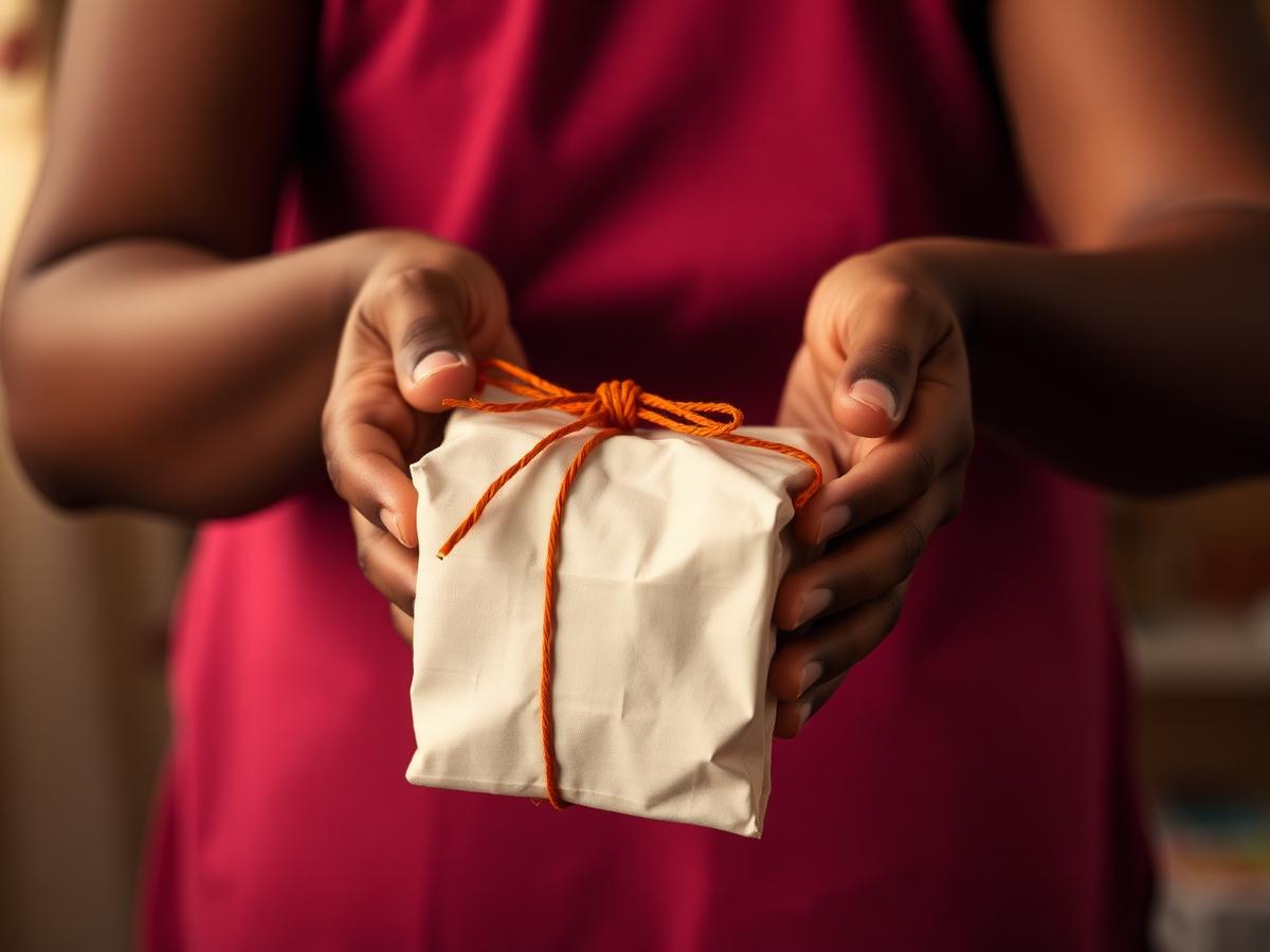 Hands passing a wrapped hygiene kit tied with a saffron rakhi