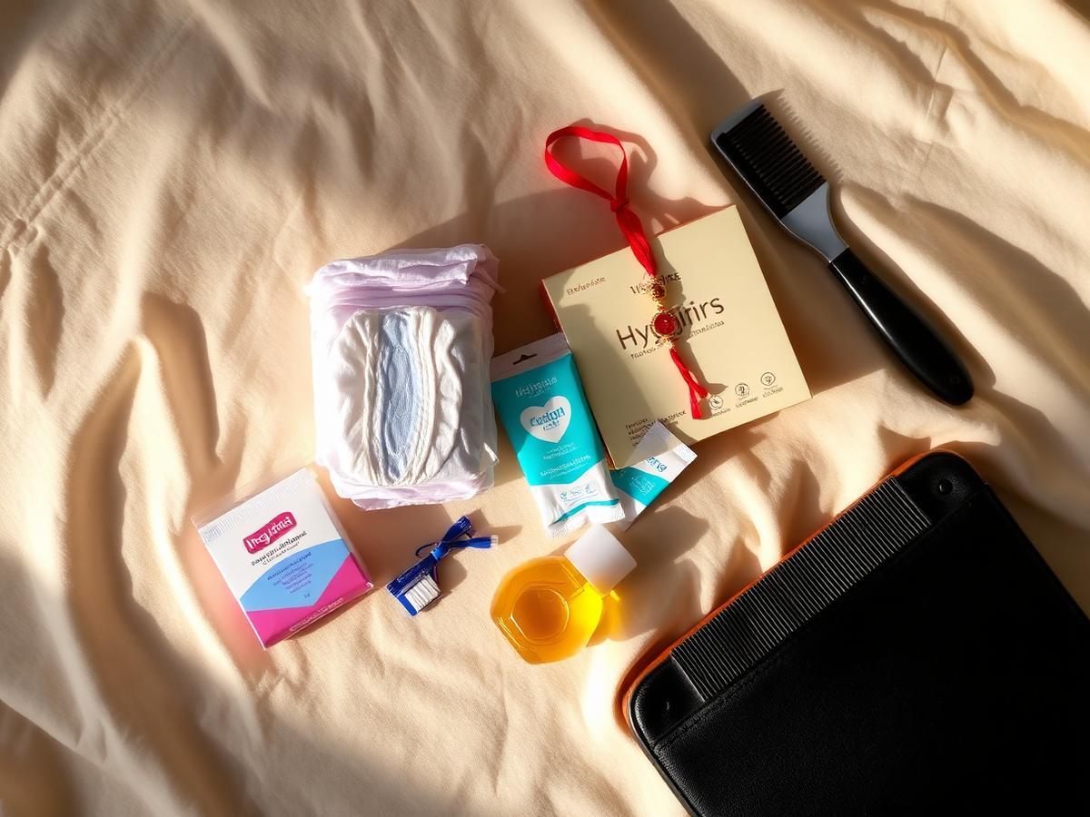 Flatlay of a complete hygiene kit — pads, soap, toothbrush, shampoo, comb and a rakhi note