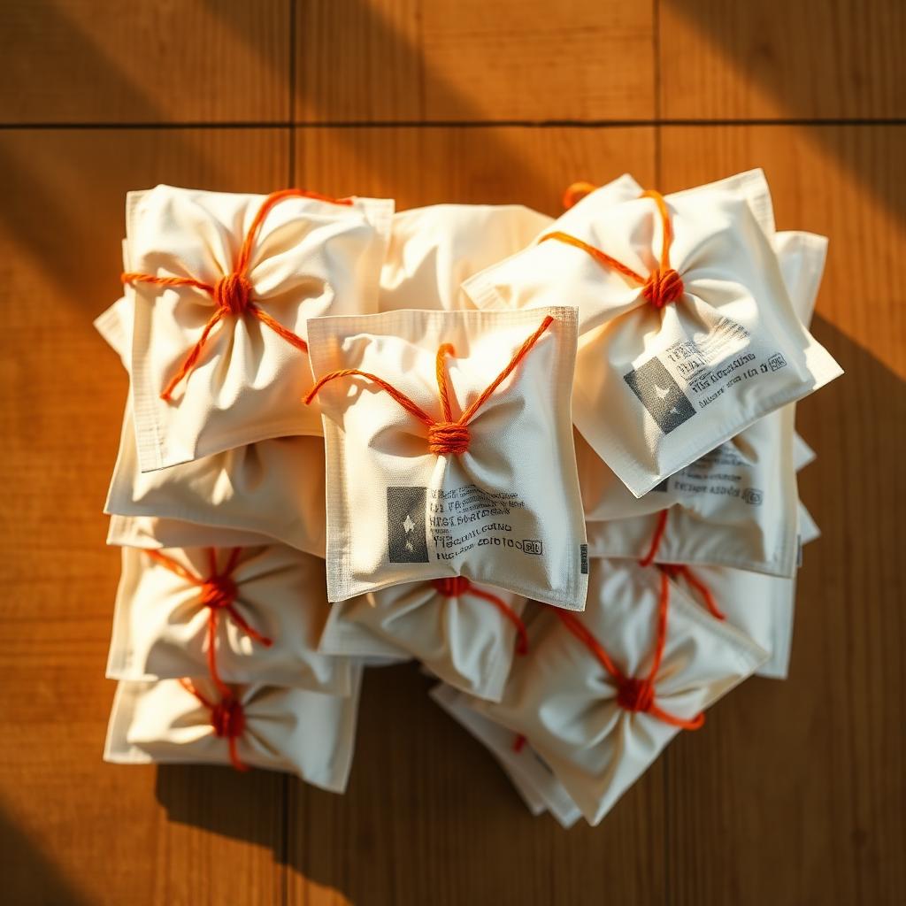 Stack of packed hygiene kit pouches tied with saffron rakhi threads