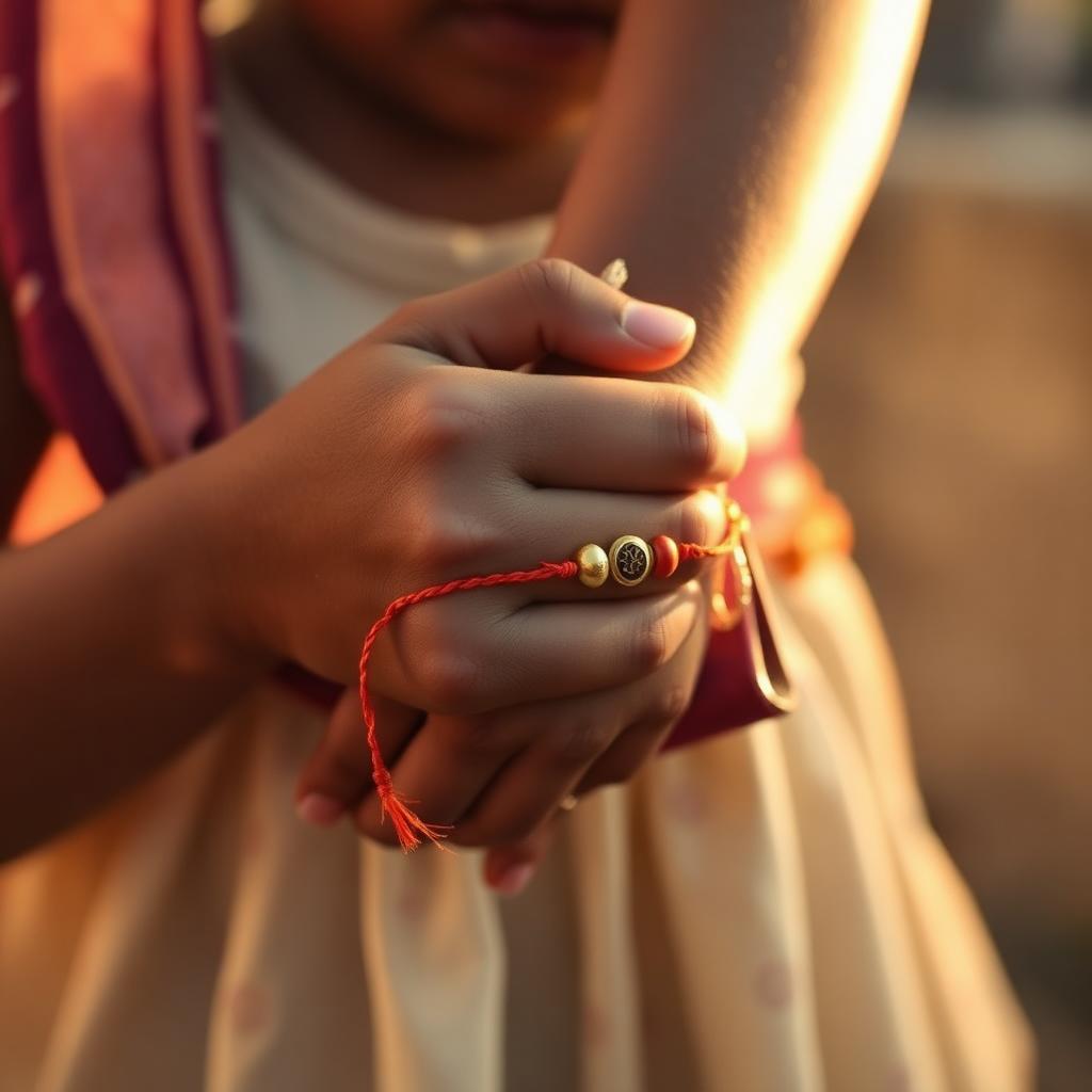 Close-up of a saffron rakhi thread tied on a wrist